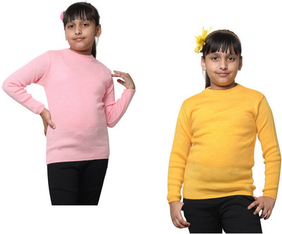 Indistar Solid Round Neck Casual Girls Pink, Yellow Sweater
