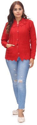 manra Woven Collared Neck Casual Women Red Sweater