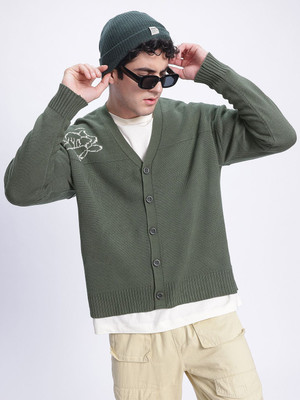 Glitchez Self Design V Neck Casual Men Green Sweater