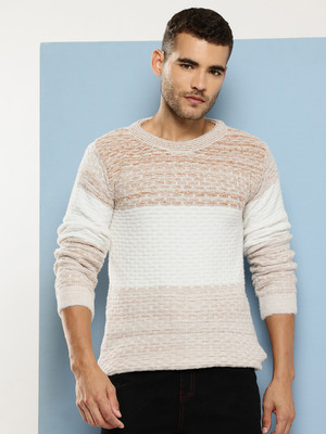 METRONAUT Colorblock Round Neck Casual Men Beige Sweater
