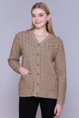 HIMYUG Self Design V Neck Casual Women Beige Sweater
