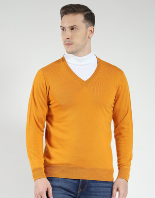 MONTE CARLO Solid V Neck Casual Men Yellow Sweater