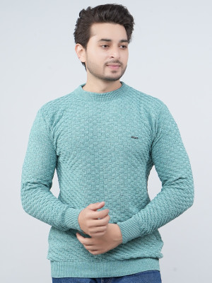 HouseOfCommon Self Design Round Neck Casual Men Green Sweater