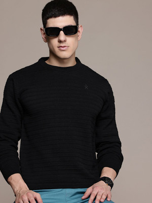 Roadster Self Design Round Neck Casual Men Black Sweater