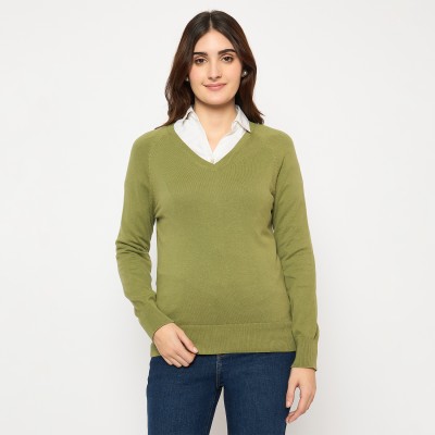 MADAME Solid V Neck Casual Women Green Sweater