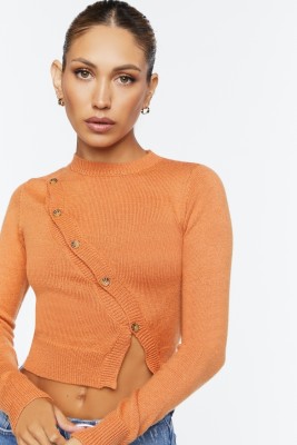 FOREVER 21 Solid V Neck Casual Women Orange Sweater