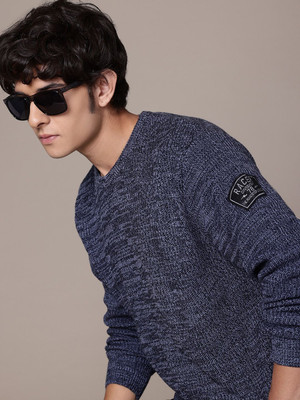 Roadster Solid Round Neck Casual Men Blue Sweater
