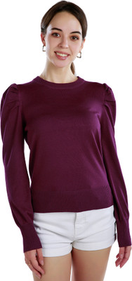 London Rag Solid Round Neck Casual Women Purple Sweater