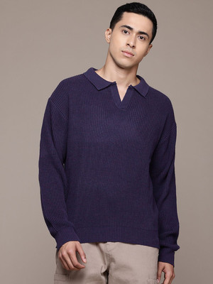 Roadster Self Design V Neck Casual Men Blue Sweater