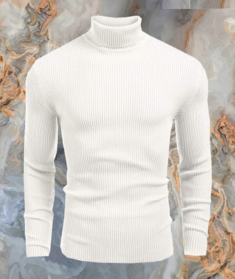 Cat Bunny Self Design High Neck Casual Men White Sweater