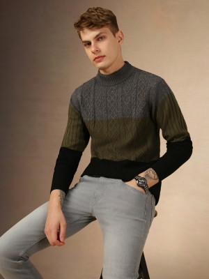 Dennis Lingo Colorblock High Neck Casual Men Multicolor Sweater