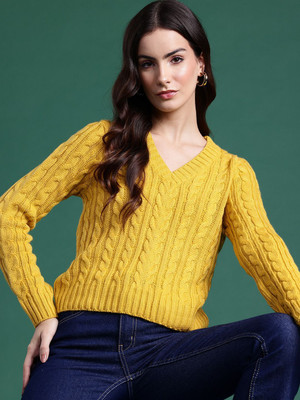 Dressberry Self Design V Neck Casual Women Yellow Sweater