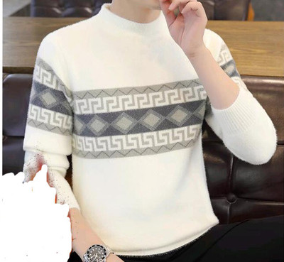 Ucollection Printed Round Neck Casual Men White Sweater