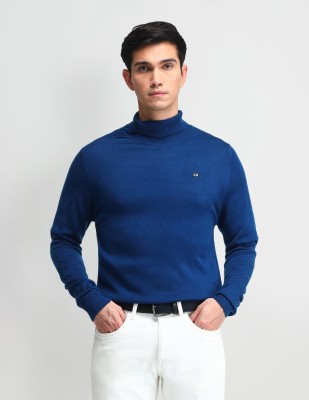 Arrow Sport Solid Turtle Neck Casual Men Blue Sweater