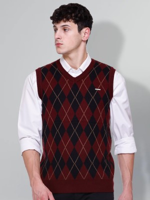 GODFREY Checkered V Neck Casual Men Maroon Sweater