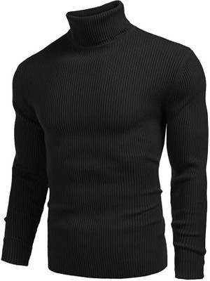 STRIKEY Self Design High Neck Casual Men Black Sweater