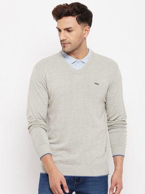 DUKE Solid V Neck Casual Men Grey Sweater