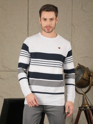 COBB ITALY Striped Round Neck Casual Men Grey, White Sweater