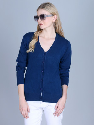 OBAAN Solid V Neck Casual Women Dark Blue Sweater