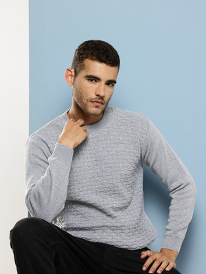 MUHURATAM Self Design Round Neck Casual Men Grey Sweater