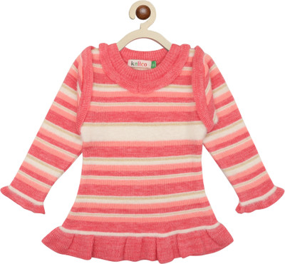 Knitco Solid Round Neck Casual Girls Pink Sweater