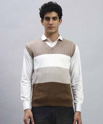 SILVANUS Striped V Neck Casual Men Brown Sweater