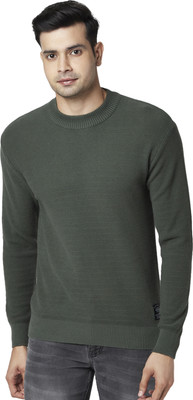 PEOPLE Self Design Round Neck Casual Men Green Sweater