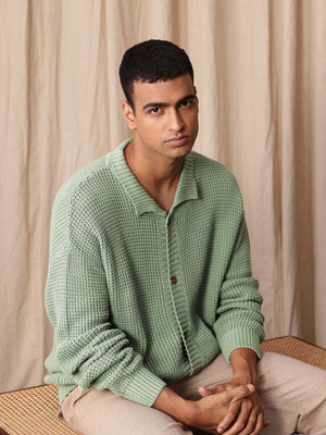 Mr Bowerbird Self Design Collared Neck Casual Men Green Sweater