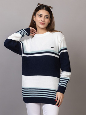 WAY TO TRENDY Striped Round Neck Casual Women Dark Blue Sweater