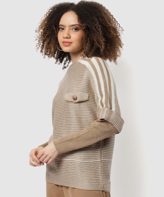 CAMPUS SUTRA Striped Round Neck Casual Women Beige Sweater