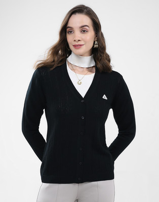MONTE CARLO Self Design V Neck Casual Women Black Sweater