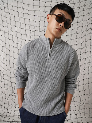 Hubberholme Self Design Turtle Neck Casual Men Grey Sweater