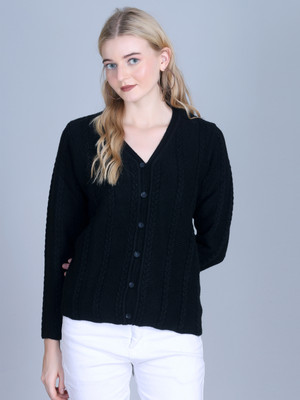 7 ISLANDS Self Design V Neck Casual Women Black Sweater