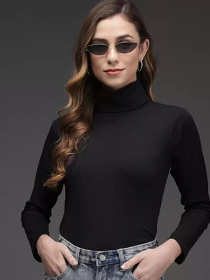 TANDUL Solid Turtle Neck Casual Women Black Sweater