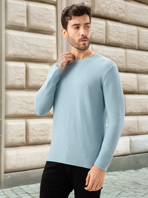 Status Quo Solid, Self Design Round Neck Casual Men Grey Sweater