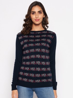 Crozo By Cantabil Printed Round Neck Casual Women Blue Sweater