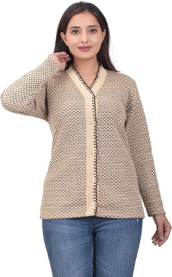 Prabh collection Self Design V Neck Casual Women Beige Sweater