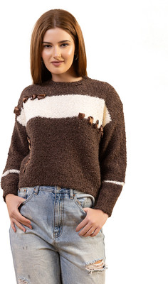 GFO Striped Crew Neck Casual Women Brown Sweater