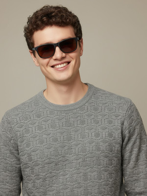 Merriment Self Design Round Neck Casual Men Grey Sweater