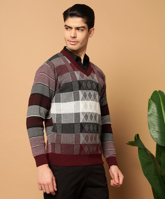 CANBLAR Striped V Neck Casual Men Maroon Sweater