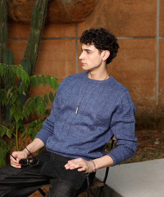 CAMPUS SUTRA Solid, Self Design Round Neck Casual Men Blue Sweater