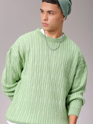 The Indian Garage Co. Self Design Crew Neck Casual Men Green Sweater