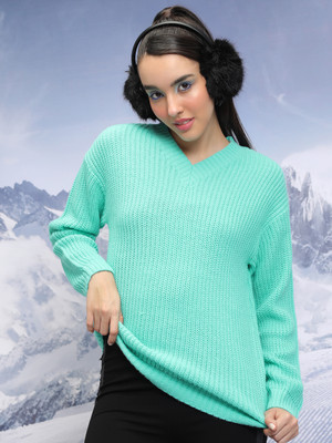 Tokyo Talkies Solid V Neck Casual Women Green Sweater