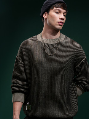 HIGHLANDER Self Design Round Neck Casual Men Black Sweater