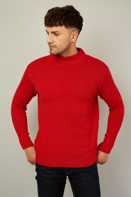 HouseOfCommon Solid High Neck Casual Men Red Sweater