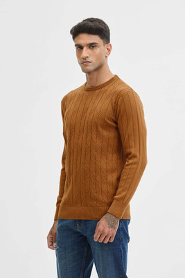 Snitch Self Design Crew Neck Casual Men Brown Sweater