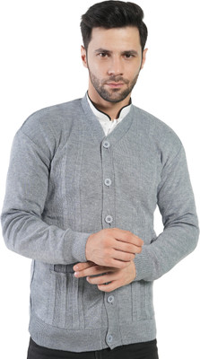 manra Solid V Neck Casual Men Grey Sweater