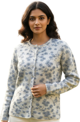 I Bar Floral Print Round Neck Casual Women Grey Sweater
