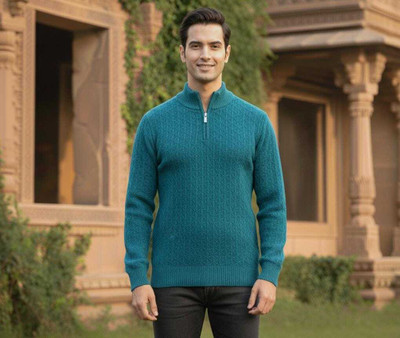 WoolCraft Self Design Turtle Neck Casual Men Blue Sweater