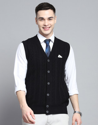 MONTE CARLO Woven V Neck Casual Men Black Sweater